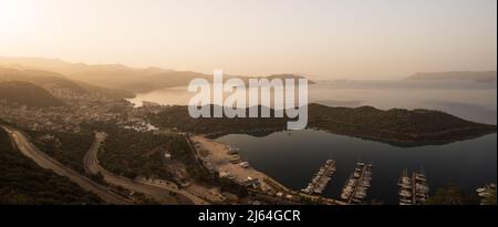 Morning in Kas resort town. Panorama of Kas district at sunrise. Turkey's important holiday destinations. Antalya - Turkey Stock Photo