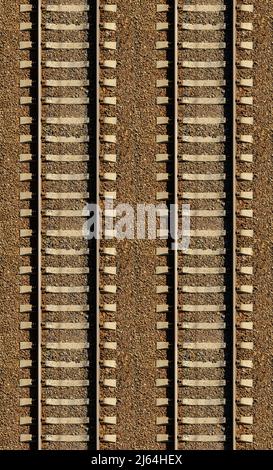 Seamless railroad Pattern, backdrop with space for text. Top view. Shiny iron rails and concrete sleepers, coupled with powerful bolts on stony ground Stock Photo