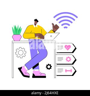 Health-focused IOT desks abstract concept vector illustration. IOT office desk, body activity tracking, working efficiency, health-focused environment, employee well-being abstract metaphor. Stock Vector