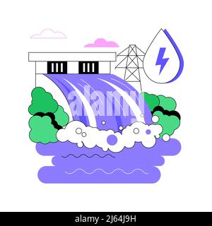 Hydropower abstract concept vector illustration. Hydropower electricity, water power, renewable sources, falling fast-running, hydroelectric plant, dam turbine generate, river abstract metaphor. Stock Vector