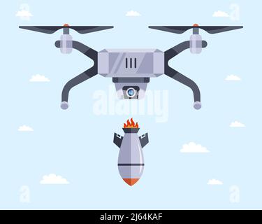 military drone drops aerial bombs. unmanned aerial vehicle. flat vector illustration. Stock Vector