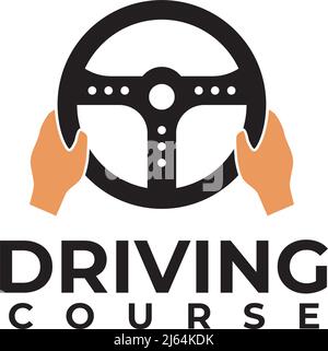 Driving car course vector logo design with steering icon Stock Vector