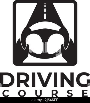 Driving car course vector logo design with steering icon Stock Vector
