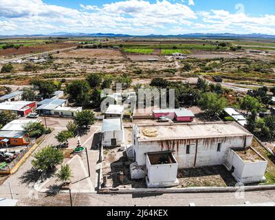 Aerial view of the mission of Nuestra Señora de la Soledad de los Janos. San Felipe and Santiago de Janos, Chihuahua, Mexico, military church, restoration Arch. José Arturo Martínez Lazo. Janos is a town in the Mexican state of Chihuahua, located near the border with the United States and the state of Sonora. (Photo by Luis Gutierrez Norte Photo)  Vista aerea de misión de Nuestra Señora de la Soledad de los Janos. San Felipe y Santiago de Janos, Chihuahua, México, iglesia castrense, restauración Arq. José Arturo Martínez Lazo. Janos es un pueblo del estado mexicano de Chihuahua, localizado cer Stock Photo