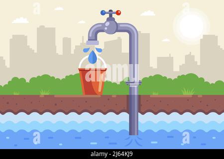 borehole pump pumps water into a bucket. collect drinking water. flat vector illustration. Stock Vector