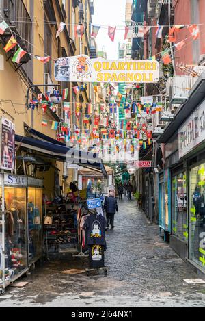 An intricate maze of narrow streets and alleys, the Spanish Neighborhoods (Quartieri Spagnoli) are the heart of Naples. Here in particular a glimpse Stock Photo