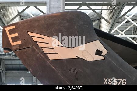 clenched fist logo,de havilland sea vixen tail plane, duxford, england Stock Photo