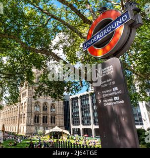 London,England,UK-August 21 2019: The Underground sign,at top of steps,leading down to a five minute underpass walk to South Kensington tube station, Stock Photo