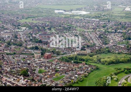 Aerial view of the London suburb of Bedfont in Feltham on a sunny spring morning. Stock Photo