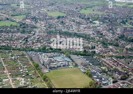Aerial view of the London suburb of Feltham with the Marjory Kinnon Special School in the centre.  The school caters for children between 4 and 16 wit Stock Photo