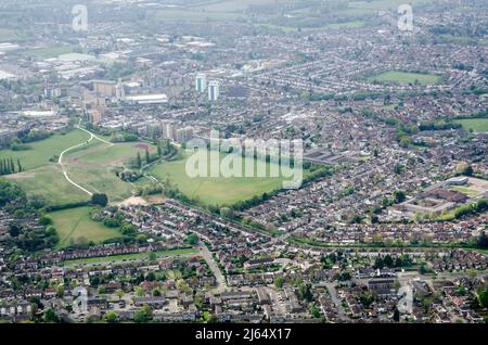 Aerial view of the London Borough of Hounslow with Feltham Running Track in the middle of the picture. You can also see Blenheim Park and the Rivers A Stock Photo