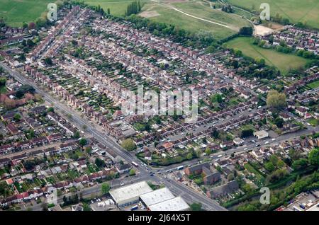 Aerial view of Feltham in the London Borough of Hounslow. The green ...