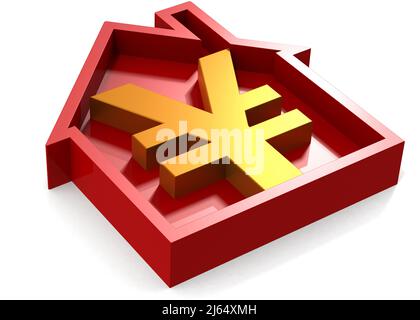 Red house with Japanese Yen or China Yuan sign, 3d rendering Stock Photo
