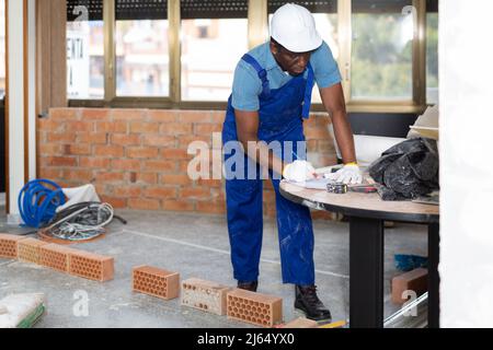 Foreman inspecting rooms and taking notes during renovation Stock Photo