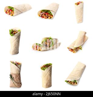 Set of tasty Mexican burritos on white background Stock Photo