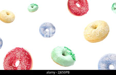 Many flying donuts isolated on white Stock Photo