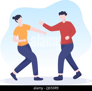 Self Defense Practice and Martial Arts Training for Fighting Criminals in battle on Flat Cartoon Vector Illustration Stock Vector