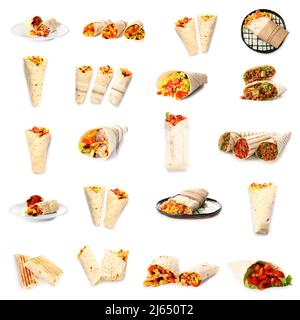 Set of tasty Mexican burritos on white background Stock Photo