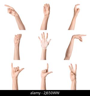 Hands showing different letters on white background. Sign language alphabet Stock Photo