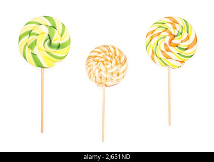 Three round lollipops on white background Stock Photo