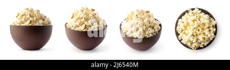 popcorn in a brown cup isolated on white background, delicious, low-fat, healthy snack, taken in different angles, collection Stock Photo