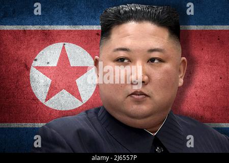 Kim Jong-un and North Korean flag Stock Photo