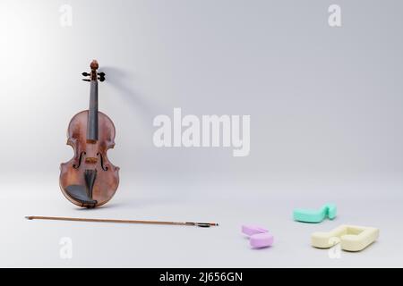 Musical instrument template. Violin and music notes with copy space on white background. 3D rendering image. Stock Photo