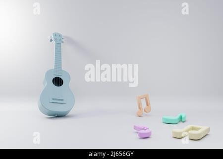 Musical instrument template. Guitar and music notes with copy space on white background. 3D rendering image. Stock Photo