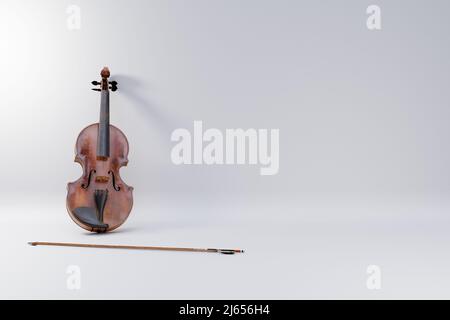 Violin on white background. Musical instrument template. Vintage violin with copy space. Stock Photo