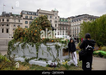 London, UK. 27th Apr, 2022. Members from general public take photos in front of the installation in the limited edition of countryside meadow. Trafalgar Square transforms to a limited edition of countryside meadow for today only by a commercial company as part of a rewilding London campaign. Credit: SOPA Images Limited/Alamy Live News Stock Photo