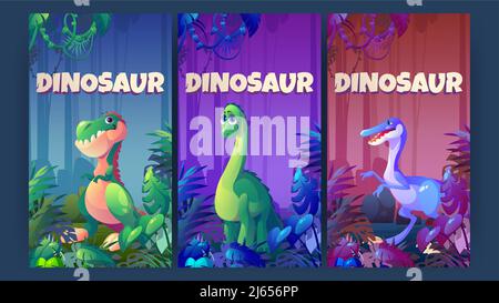 Posters with dinosaurs in prehistoric jungle. Cute baby diplodocus, tyrannosaurus rex and velociraptor characters. Vector banners with funny raptor and herbivore dino in forest Stock Vector