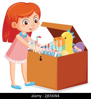 A girl putting her toy into the box illustration Stock Vector