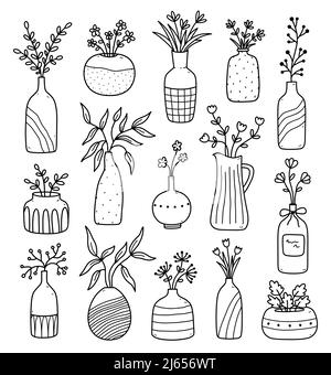Set of cute flowers and twigs in ceramic modern vases isolated on white background. Vector hand-drawn illustration in doodle style. Perfect for cards, decorations, logo, various designs. Stock Vector