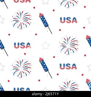 Independence Day of USA. Seamless pattern with fireworks. Holiday background for 4th of July celebration. National Freedom Day. Vector illustration in Stock Vector