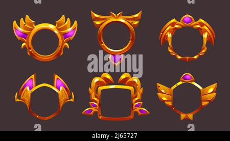 Ui game frames, gold textured round, square and hexagon borders with ornate rims and pink decor. Cartoon isolated graphic design gui elements for medieval rpg game or app, Vector illustration, set Stock Vector