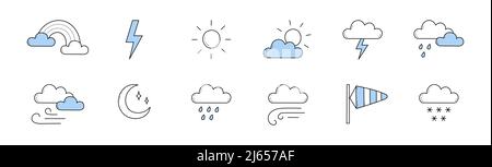 Set of weather forecast doodle icons, isolated vector linear rainbow, cloud and lightning, sun, moon, windsock, rain and snow. Climate design elements, meteorology, nature line art symbols collection Stock Vector