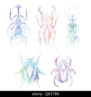 Vector set of geometric insects with poly decorations and watercolor background. Geometric stag beetle and flying ant in gentle colors. Stylish ladybu Stock Vector