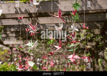 origami crane birds hanging on the threads in the garden oposit the sun.colorful paper cranes on the tree.