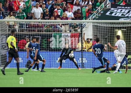 Orlando, Florida, USA. April 27, 2022: Guatemala goalkeeper NICHOLAS HAGEN (1) makes a save during the Mextour Mexico vs Guatemala match at Camping World Stadium in Orlando, Fl on April 27, 2022. (Credit Image: © Cory Knowlton/ZUMA Press Wire) Credit: ZUMA Press, Inc./Alamy Live News Stock Photo