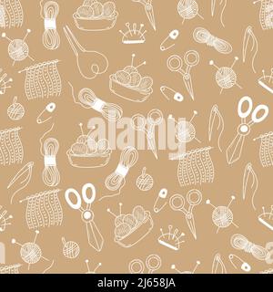 Seamless knitting pattern. White chalk Linear hand drawings in doodle style Needles, thread, scissors, skeins of thread with knitting needles and pins Stock Vector