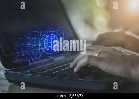business people working on computers against technology background Stock Photo