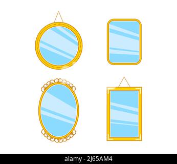 Set of diverse golden mirrors.Simple glass shapes.Vector flat illustration. Stock Vector