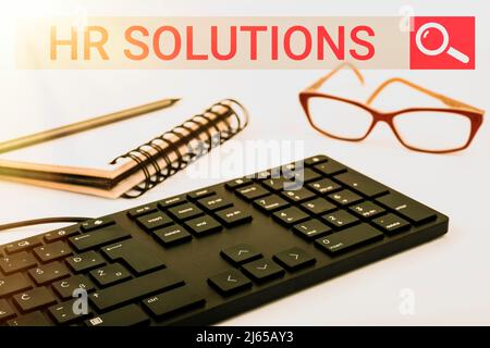 Handwriting text Hr Solutions. Concept meaning Outsourced Human resources consultancy and support Experts Computer Keyboard And Symbol.Information Stock Photo