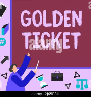 Inspiration showing sign Golden Ticket. Concept meaning Rain Check Access VIP Passport Box Office Seat Event Businessman Pointing Fingerpresentation Stock Photo