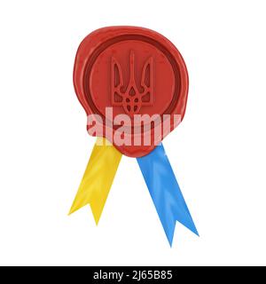 Red Wax Seal with Ukraine Coat of Arms and Ribbon in Colors of Ukraine Flag on a white background. 3d Rendering Stock Photo