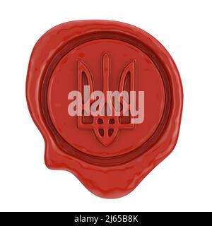 Red Wax Seal with Ukraine Coat of Arms on a white background. 3d Rendering Stock Photo