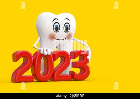 White Tooth Person Character Mascot with Red 2023 New Year Sign on a yellow background. 3d Rendering Stock Photo