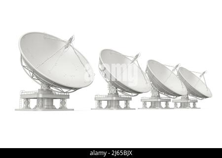Row Of Big Satellite Dish Antenna Radars on a white background. 3d ...