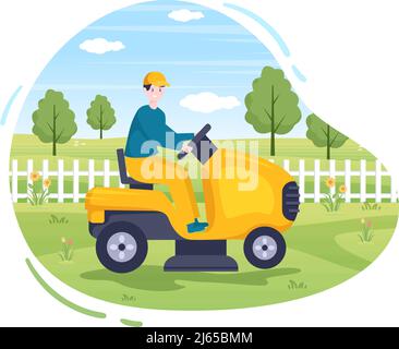 Lawn Mower Cutting Green Grass, Trimming and Care on Page or Garden in Flat Cartoon Illustration Stock Vector