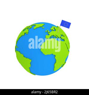 Earth Globe Modeling from Plasticine Blue and Green Clay with European Union Pointer Flag on a white background 3d Rendering Stock Photo